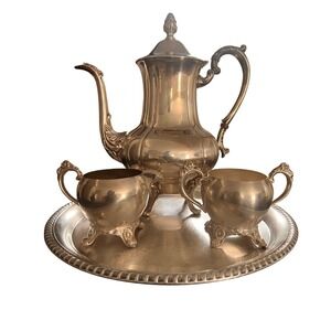 Silver Plate Tea Set Silver 4pc Teapot Creamer Sugar Tray Vintage Victorian
